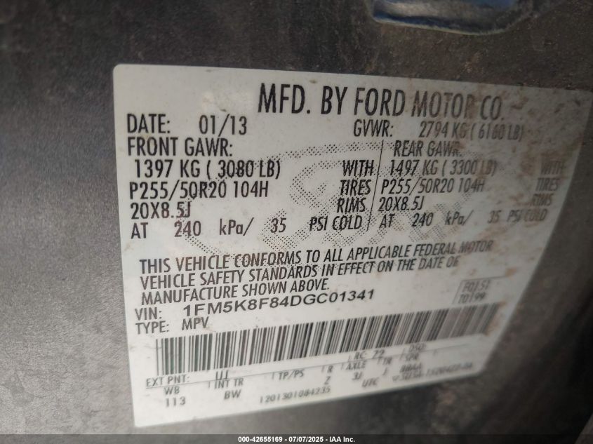 2013 Ford Explorer Limited VIN: 1FM5K8F84DGC01341 Lot: 42655169