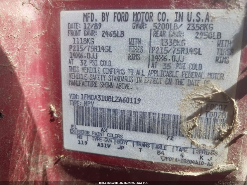 1FMDA31U8LZA60119 1990 FORD AEROSTAR photo no. 9