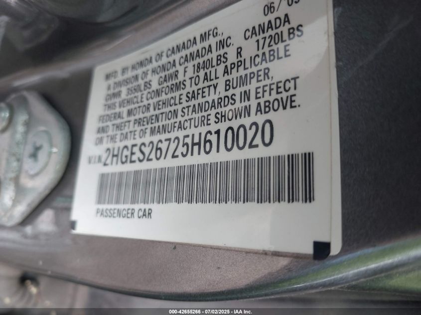 2005 Honda Civic Ex VIN: 2HGES26725H610020 Lot: 42655266