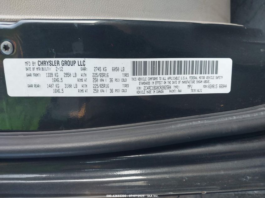 2012 Chrysler Town & Country Touring VIN: 2C4RC1BG0CR282584 Lot: 42655300