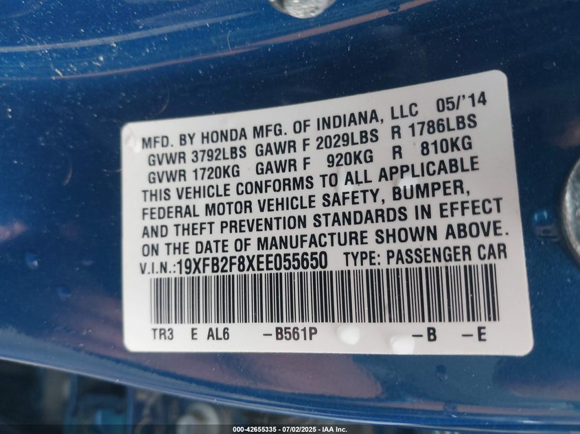 2014 HONDA CIVIC VIN: 19XFB2F8XEE055650