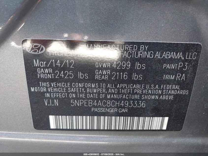 2012 HYUNDAI SONATA VIN: 5NPEB4AC8CH493336