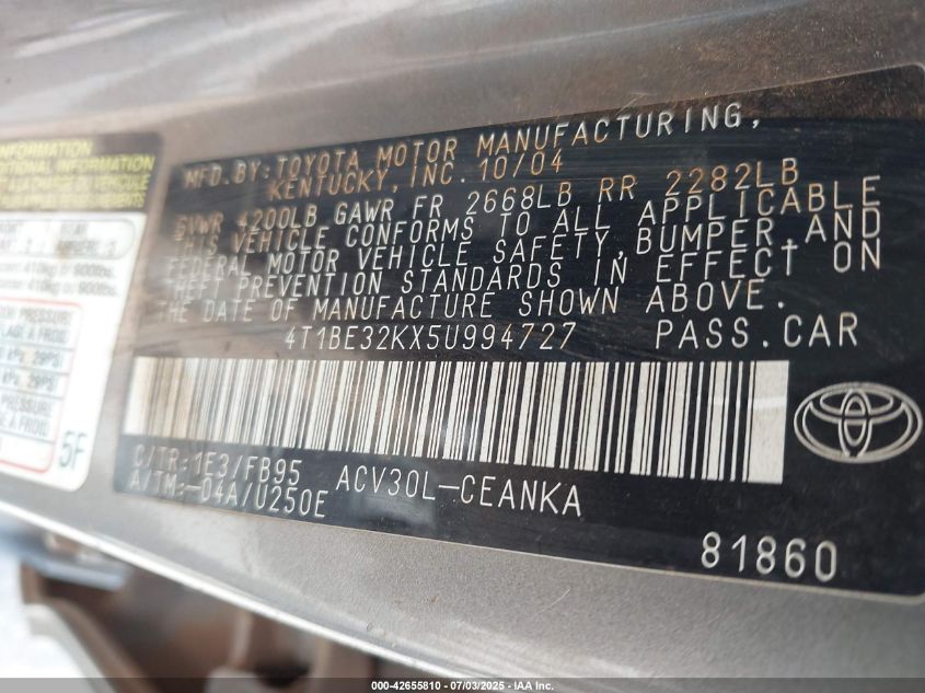 2005 Toyota Camry Le VIN: 4T1BE32KX5U994727 Lot: 42655810