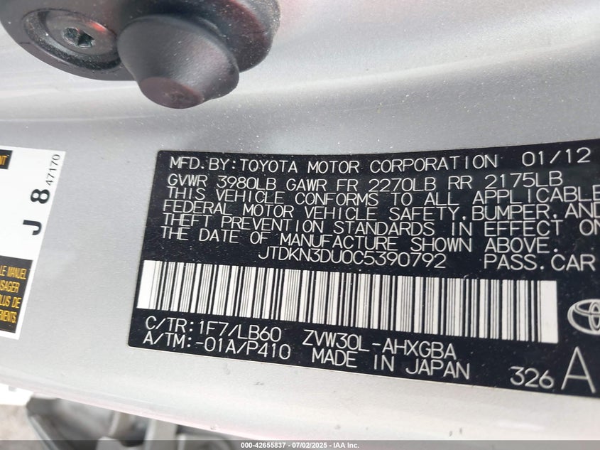 2012 TOYOTA PRIUS VIN: JTDKN3DU0C5390792