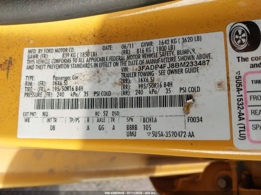 2011 Ford Fiesta Ses VIN: 3FADP4FJ8BM233487 Lot: 42655845