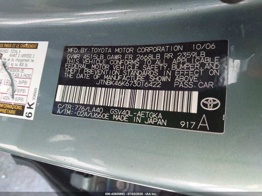 2007 TOYOTA CAMRY VIN: JTNBK46K673016422