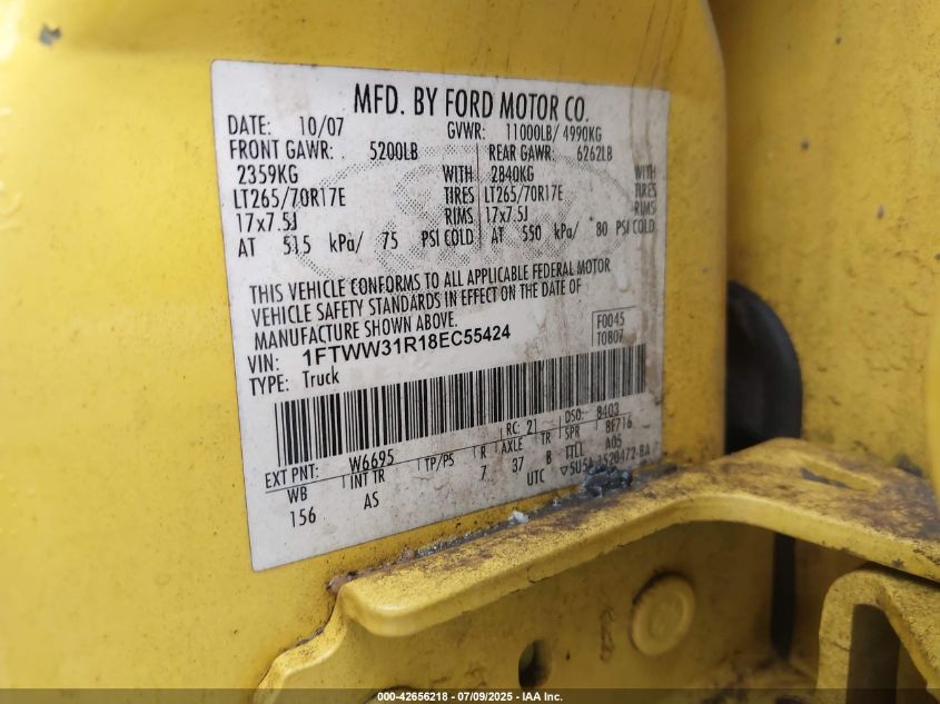 2008 Ford F-350 VIN: 1FTWW31R18EC55424 Lot: 42656218