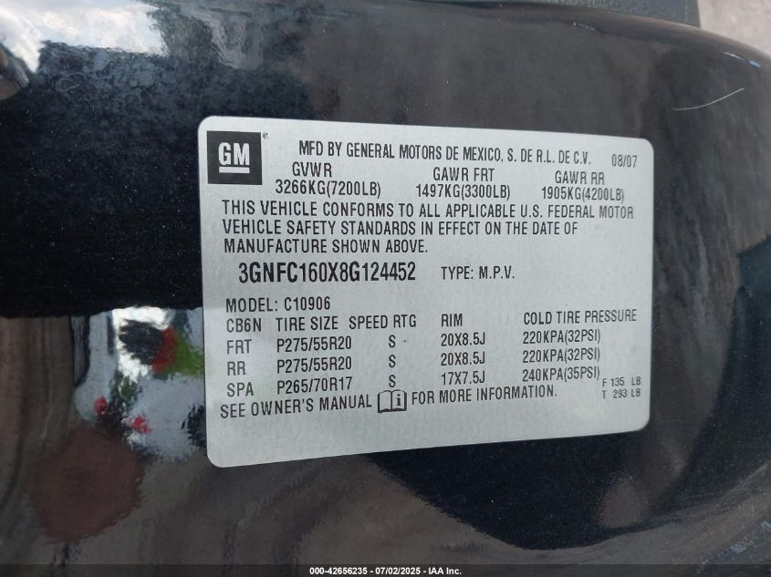 2008 Chevrolet Suburban 1500 Ltz VIN: 3GNFC160X8G124452 Lot: 42656235