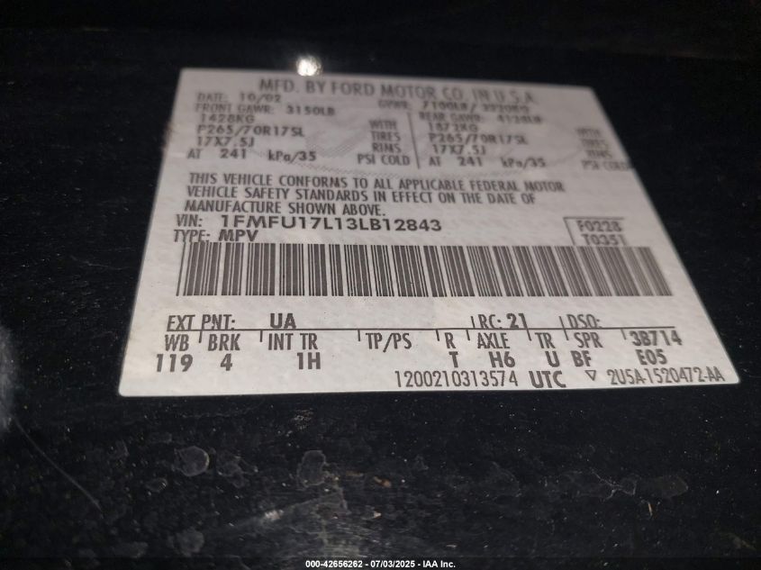 2003 Ford Expedition Eddie Bauer VIN: 1FMFU17L13LB12843 Lot: 42656262