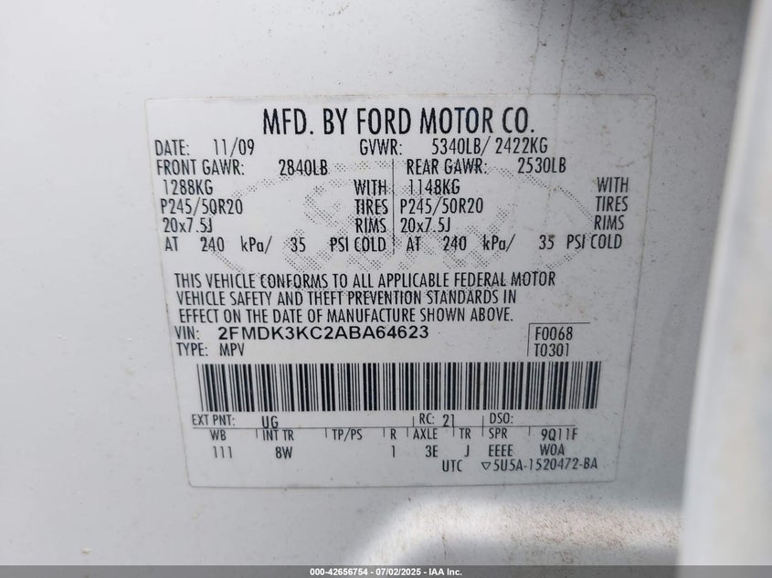 2010 FORD EDGE VIN: 2FMDK3KC2ABA64623