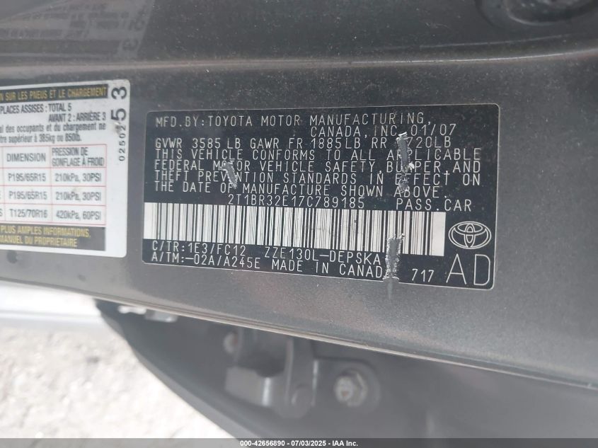 2007 Toyota Corolla S VIN: 2T1BR32E17C789185 Lot: 42656890