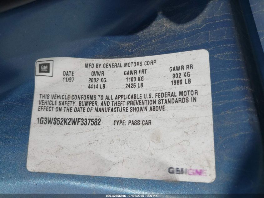 1998 Oldsmobile Intrigue Gl VIN: 1G3WS52K0WF337581 Lot: 42656896