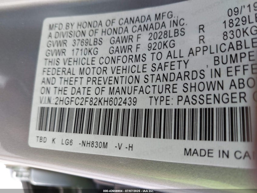 2019 HONDA CIVIC SPORT - 2HGFC2F82KH602439