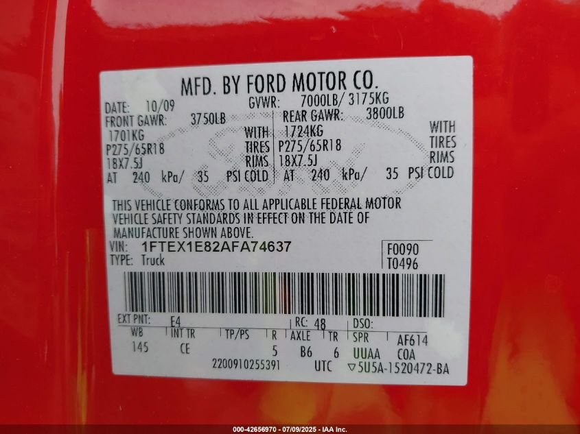 2010 Ford F-150 Stx/Xl/Xlt VIN: 1FTEX1E82AFA74637 Lot: 42656970