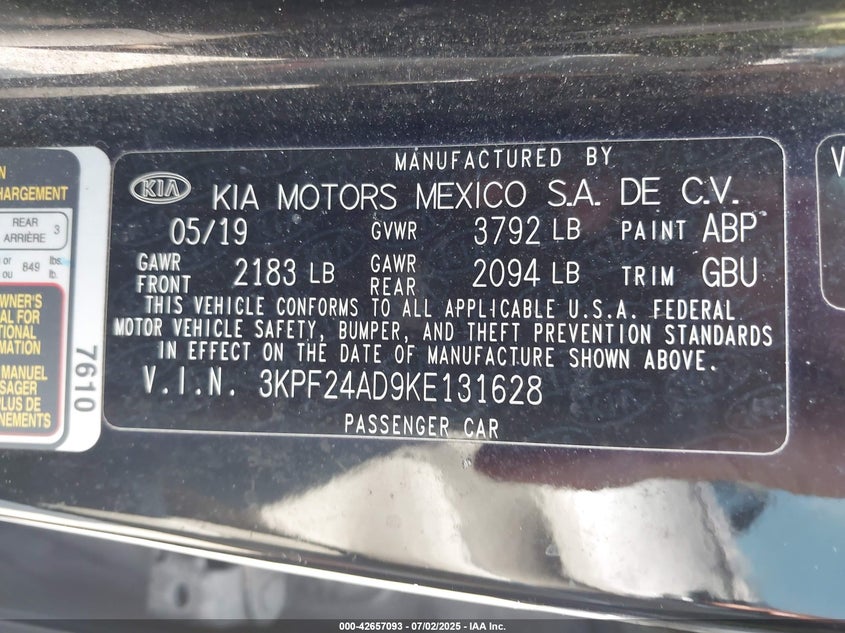 2019 KIA FORTE VIN: 3KPF24AD9KE131628