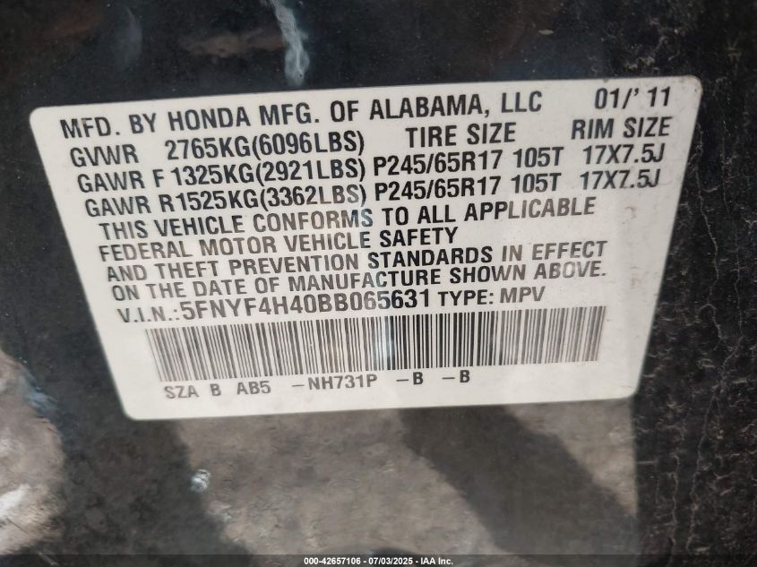 2011 Honda Pilot Ex VIN: 5FNYF4H40BB065631 Lot: 42657106