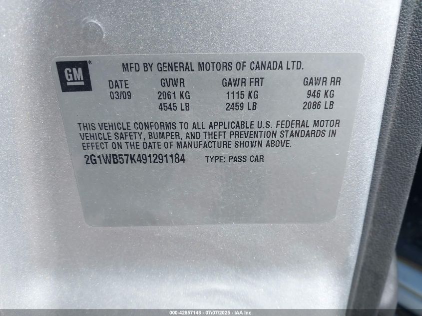 2009 Chevrolet Impala Ls VIN: 2G1WB57K491291184 Lot: 42657148
