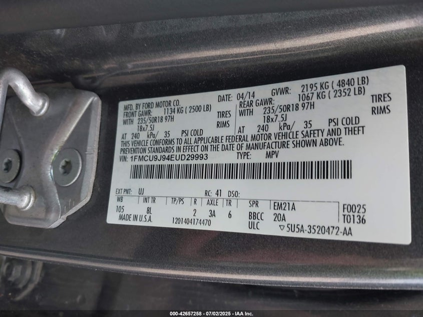 2014 FORD ESCAPE VIN: 1FMCU9J94EUD29993