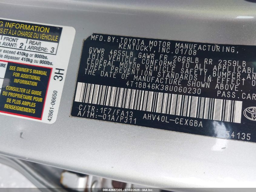 2008 Toyota Camry Hybrid VIN: 4T1BB46K38U060230 Lot: 42657305