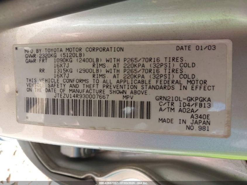 2003 Toyota 4Runner Sr5 Sport V6 VIN: JTEZU14R930007667 Lot: 42657387