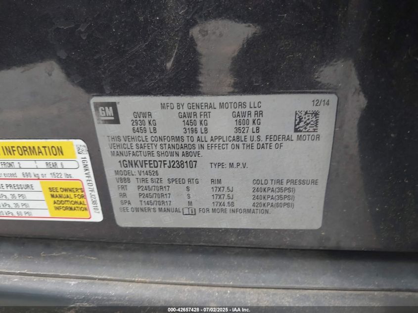 2015 Chevrolet Traverse Ls VIN: 1GNKVFED7FJ238107 Lot: 42657428