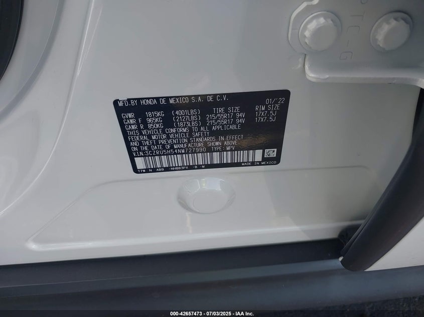 2022 HONDA HR-V 2WD EX - 3CZRU5H54NM727990