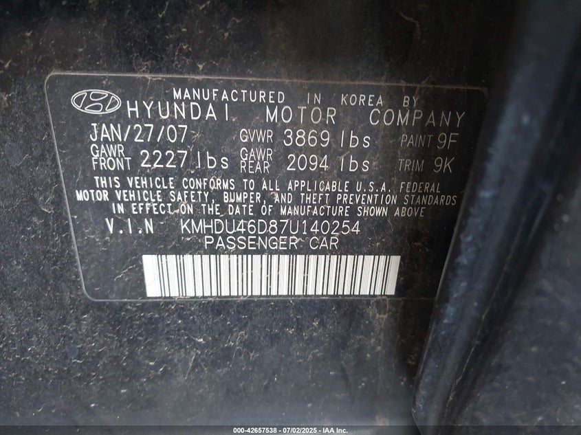 2007 HYUNDAI ELANTRA VIN: KMHDU46D87U140254