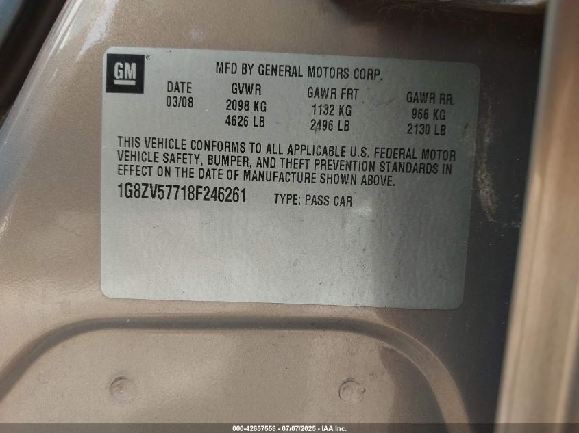 2008 Saturn Aura Xr VIN: 1G8ZV57718F246261 Lot: 42657558