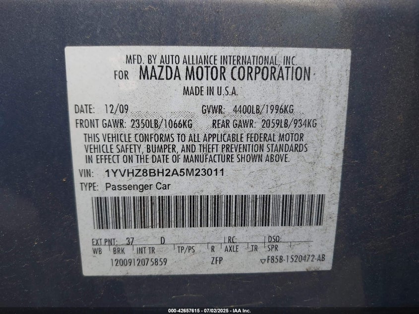 2010 MAZDA MAZDA6 VIN: 1YVHZ8BH2A5M23011