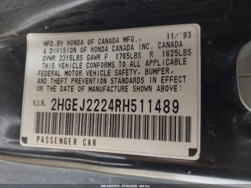 1994 Honda Civic Dx VIN: 2HGEJ2224RH511489 Lot: 42657670