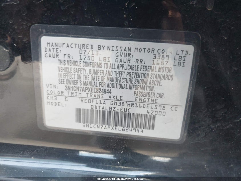 2014 NISSAN VERSA VIN: 3N1CN7APXEL824944