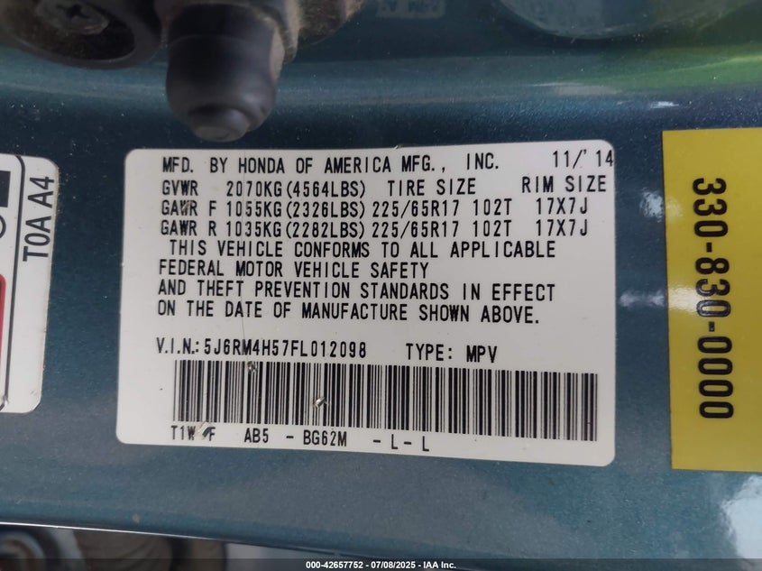 2015 HONDA CR-V EX - 5J6RM4H57FL012098