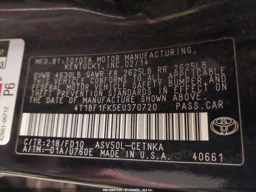 2014 Toyota Camry Le VIN: 4T1BF1FK5EU370720 Lot: 42657820