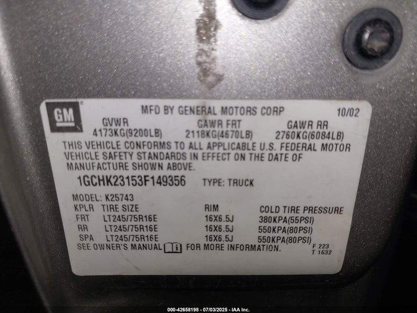 2003 Chevrolet Silverado 2500Hd Ls VIN: 1GCHK23153F149356 Lot: 42658198