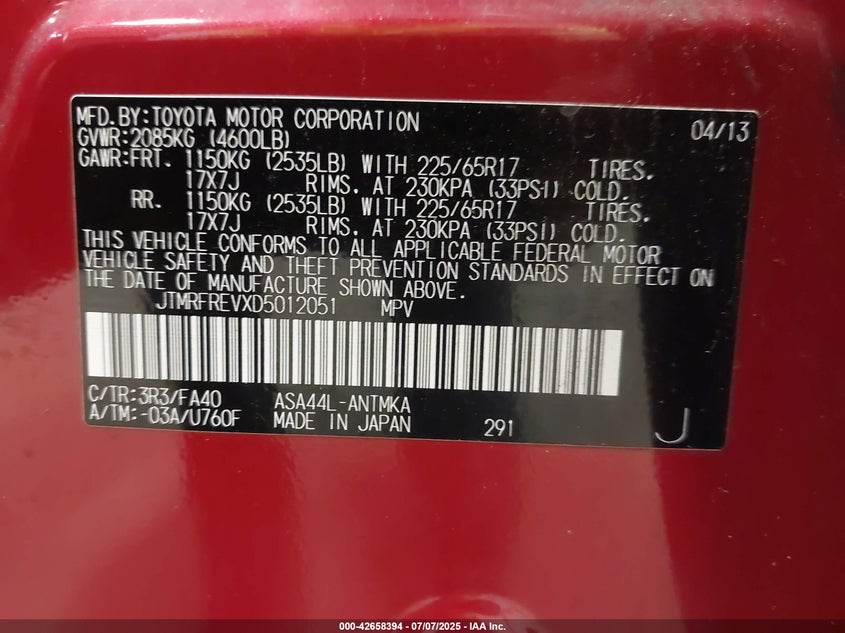 2013 TOYOTA RAV4 XLE - JTMRFREVXD5012051