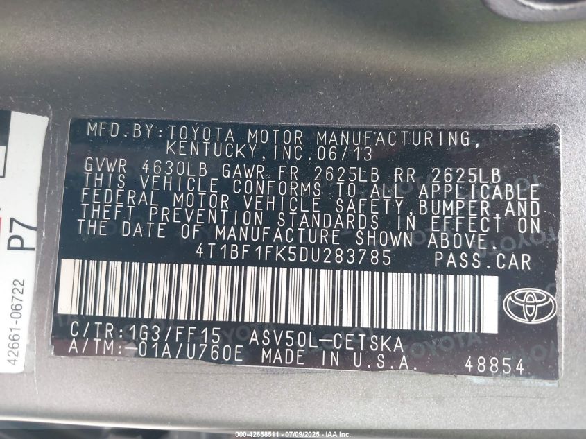 2013 Toyota Camry Se VIN: 4T1BF1FK5DU283785 Lot: 42658511