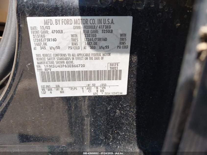 2003 Ford Excursion Limited VIN: XX1FMSU43P63EB667 Lot: 42658552