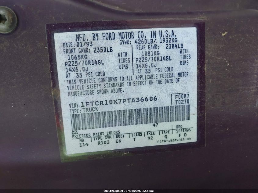 1993 Ford Ranger VIN: 1FTCR10X7PTA36606 Lot: 42658599