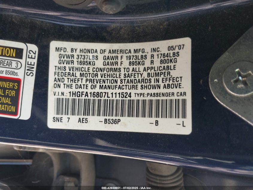 2007 Honda Civic Ex VIN: 1HGFA16807L111524 Lot: 42658651