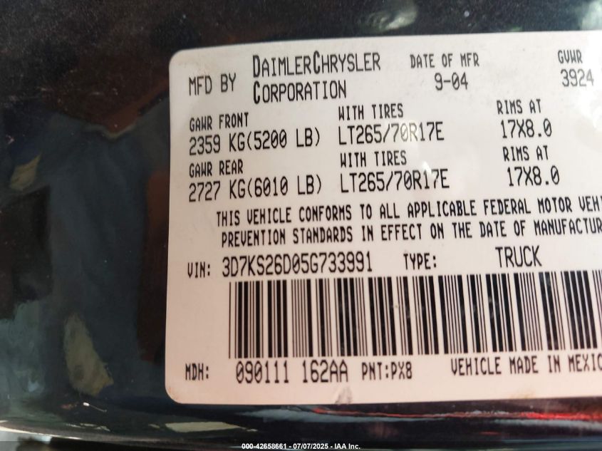 2005 Dodge Ram 2500 Slt/Laramie VIN: 3D7KS26D05G733991 Lot: 42658661