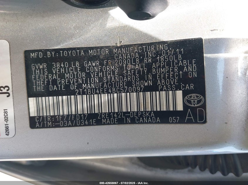 2011 TOYOTA COROLLA VIN: 2T1BU4EE4BC570097