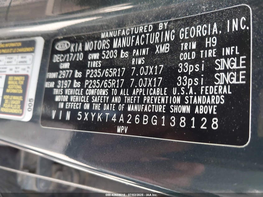 2011 Kia Sorento Lx V6 VIN: 5XYKT4A26BG138128 Lot: 42659016