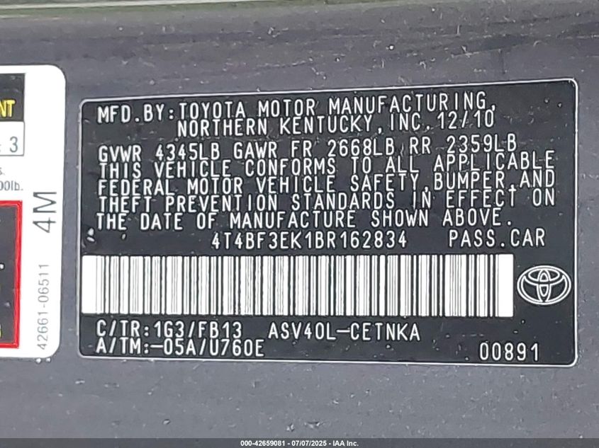 2011 Toyota Camry Le VIN: 4T4BF3EK1BR162834 Lot: 42659081