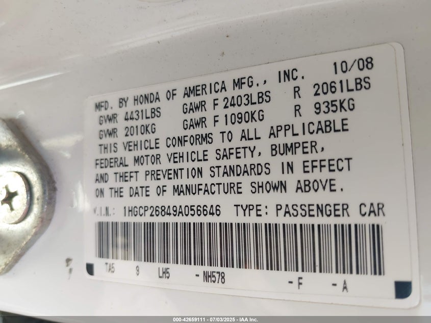 2009 HONDA ACCORD VIN: 1HGCP26849A056646