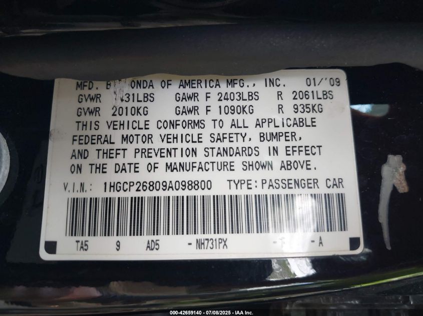 2009 Honda Accord 2.4 Ex-L VIN: 1HGCP26809A098800 Lot: 42659140