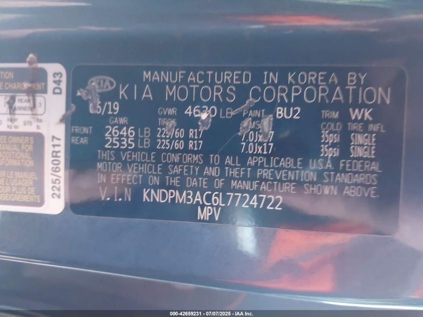 2020 Kia Sportage Lx VIN: KNDPM3AC6L7724722 Lot: 42659231