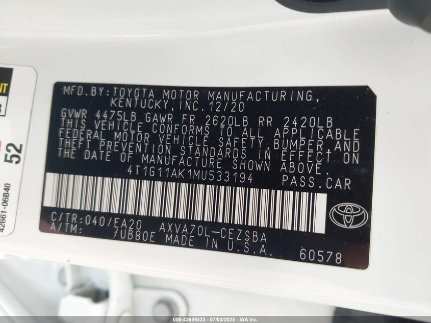 2021 TOYOTA CAMRY SE - 4T1G11AK1MU533194