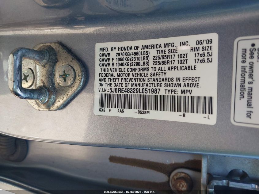2009 Honda Cr-V Lx VIN: 5J6RE48329L051987 Lot: 42659548