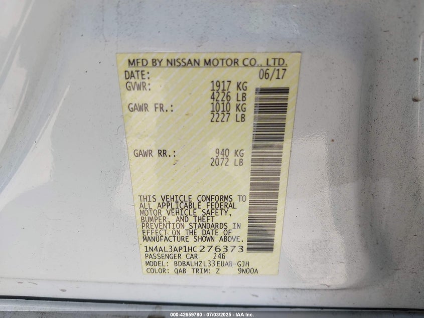 2017 NISSAN ALTIMA 2.5 SR - 1N4AL3AP1HC276373