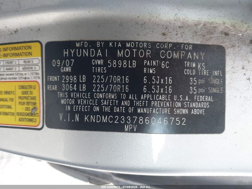 2008 Hyundai Entourage Gls/Limited VIN: KNDMC233786046752 Lot: 43022297